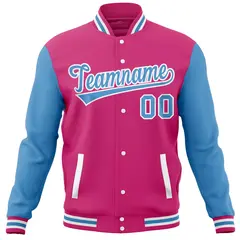 Pink Powder Blue Raglan Sleeves Varsity Full-Snap Letterman Baseball Jacket 5