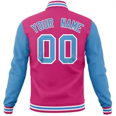 Pink Powder Blue Raglan Sleeves Varsity Full-Snap Letterman Baseball Jacket 6