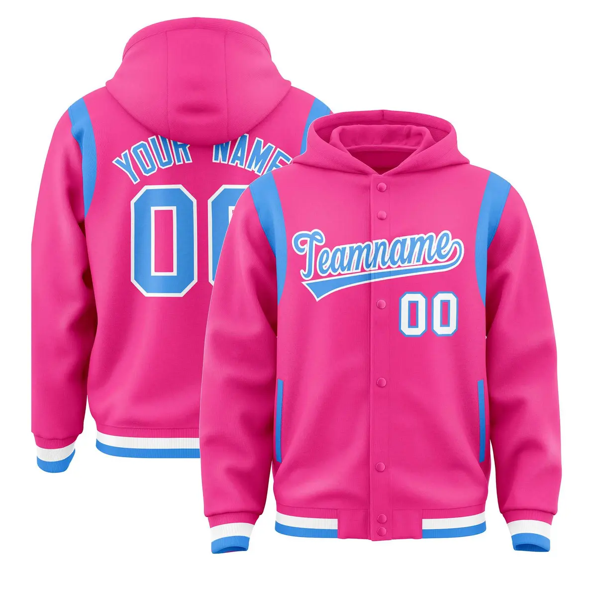 Pink Powder Blue Shoulder Color Block Varsity Letterman Jacket Hoodie