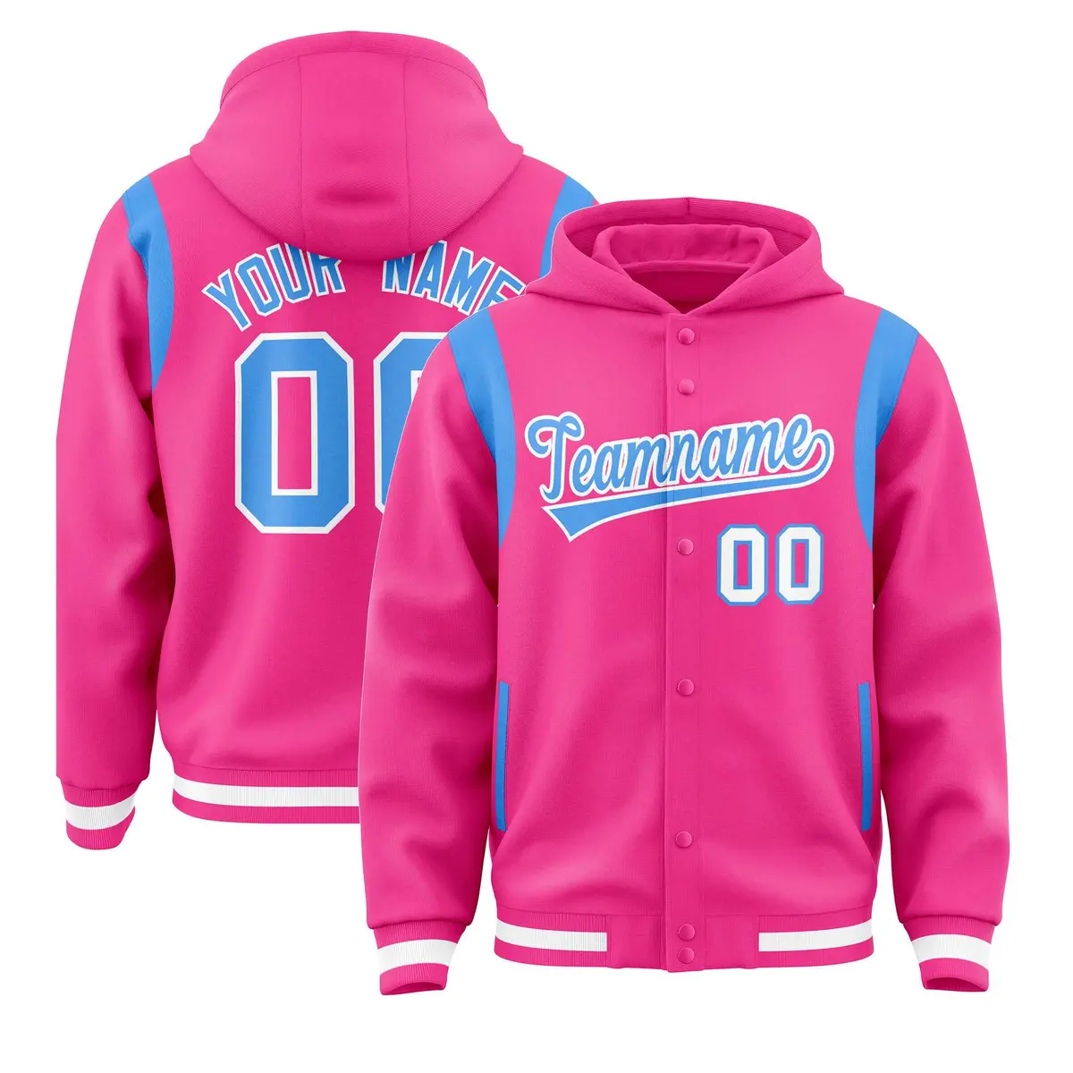 Pink Powder Blue Shoulder Color Block Varsity Letterman Jacket Hoodie