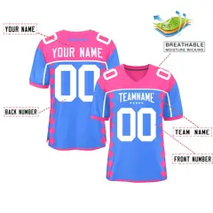 Pink Powder Blue Side Blocks Raglan Football Jersey 2