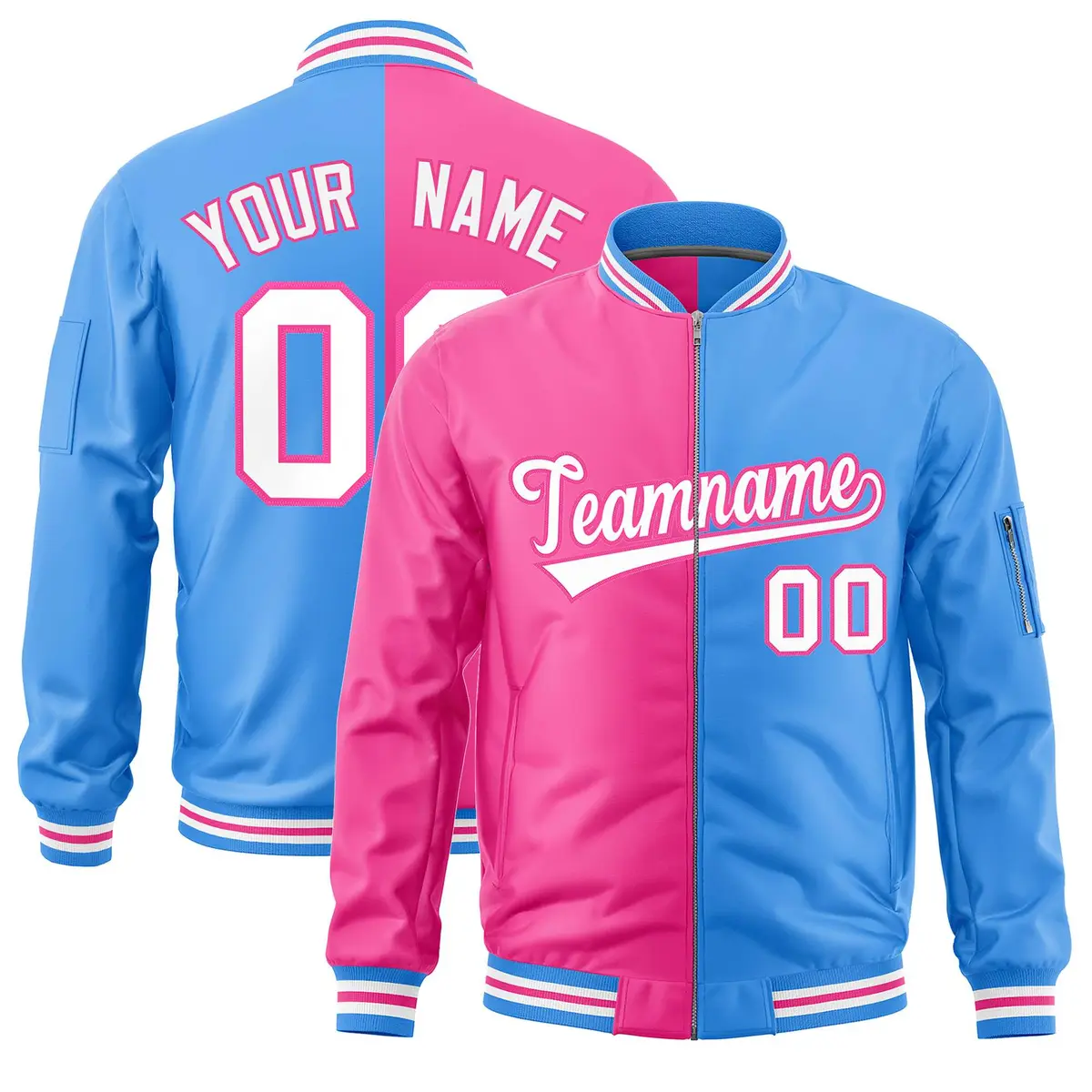 Pink Powder Blue Split Two Tone Full-Zip Varsity Letterman Bomber Jacket