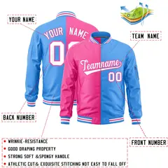 Pink Powder Blue Split Two Tone Full-Zip Varsity Letterman Bomber Jacket 2