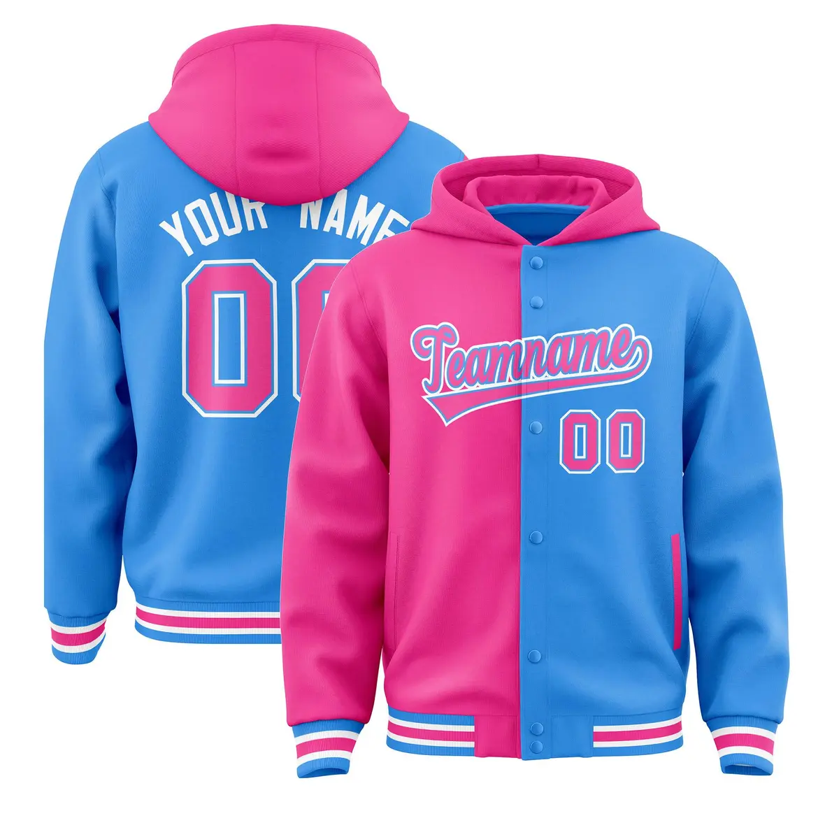 Pink Powder Blue Two Tone Split Full-Snap Varsity Letterman Hoodie Jacket