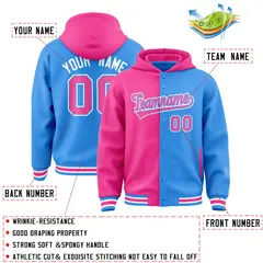 Pink Powder Blue Two Tone Split Full-Snap Varsity Letterman Hoodie Jacket 4