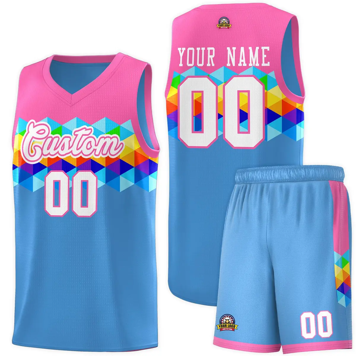 Pink Powder Blue-White Colorful Basketball Jersey Sets