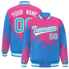 Pink Powder Blue-White Flame Graffiti Bomber Varsity Full-Snap Jacket
