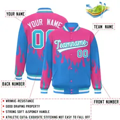 Pink Powder Blue-White Flame Graffiti Bomber Varsity Full-Snap Jacket 2