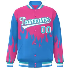 Pink Powder Blue-White Flame Graffiti Bomber Varsity Full-Snap Jacket 3