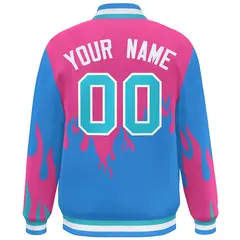 Pink Powder Blue-White Flame Graffiti Bomber Varsity Full-Snap Jacket 4