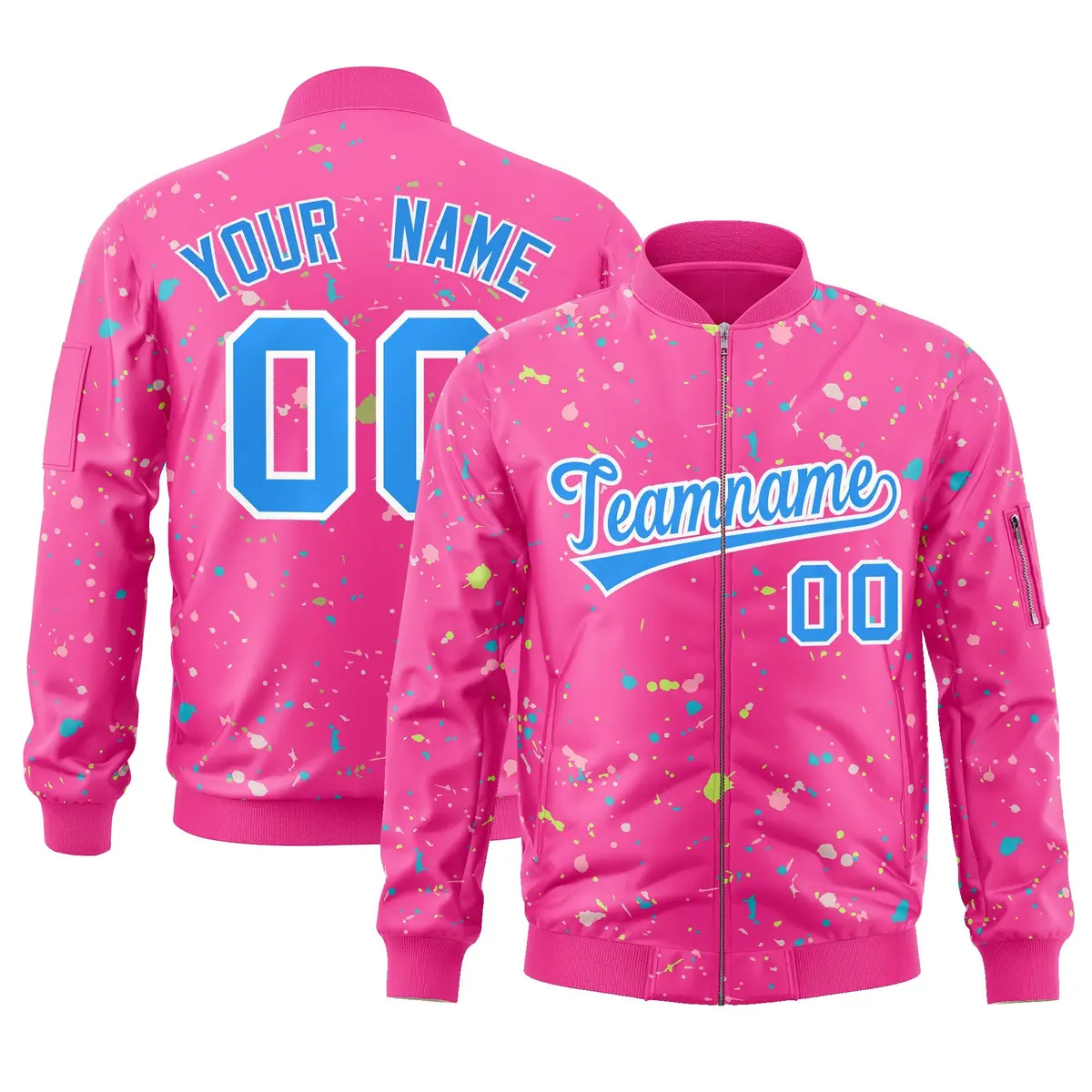 Pink Powder Blue White Full-Zip Graffiti Splash Varsity Letterman Jacket
