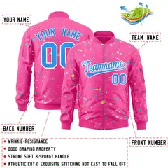 Pink Powder Blue White Full-Zip Graffiti Splash Varsity Letterman Jacket 2