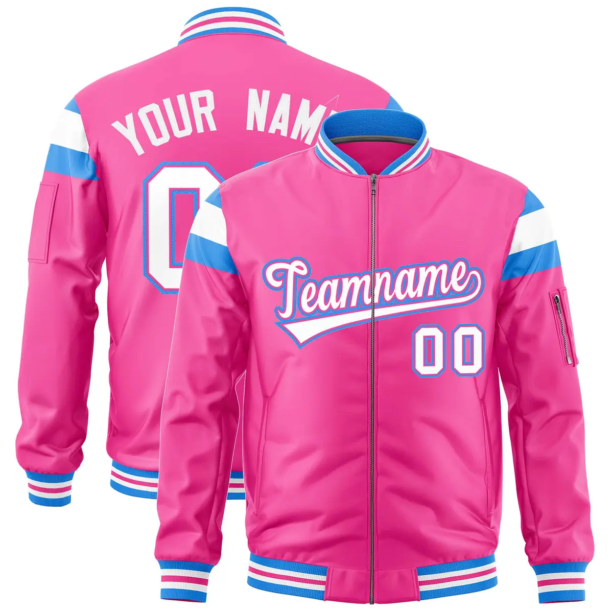 Pink Powder Blue White Full-Zip Shoulder Block Varsity Letterman Bomber Jacket
