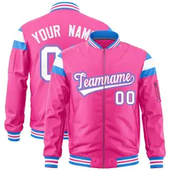 Pink Powder Blue White Full-Zip Shoulder Block Varsity Letterman Bomber Jacket