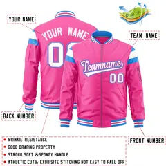 Pink Powder Blue White Full-Zip Shoulder Block Varsity Letterman Bomber Jacket 2
