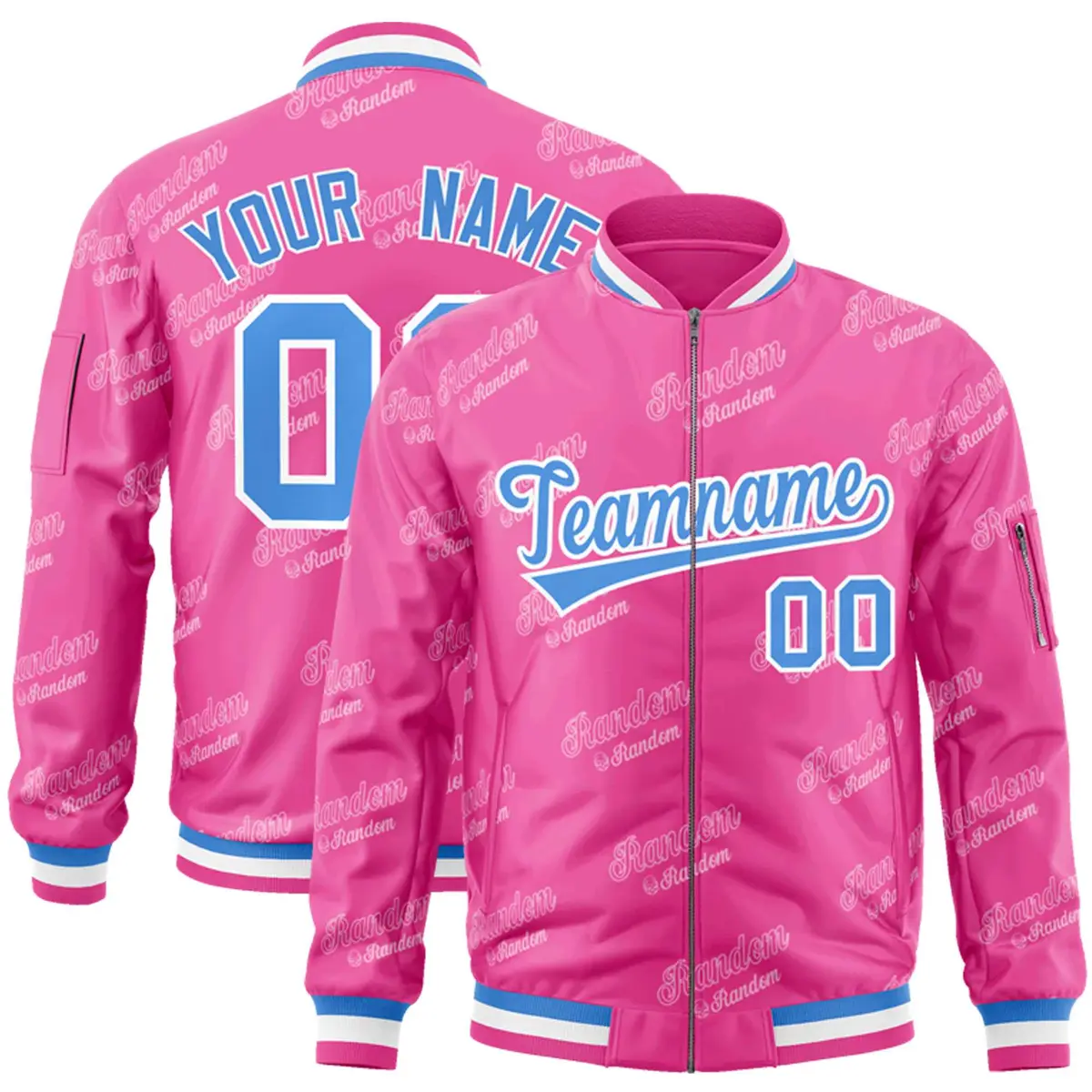 Pink Powder Blue-White Full-Zip Varsity Letter Bomber Jacket