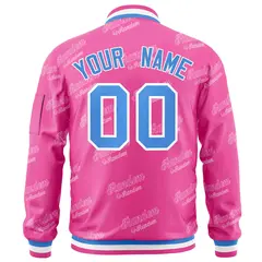 Pink Powder Blue-White Full-Zip Varsity Letter Bomber Jacket 4