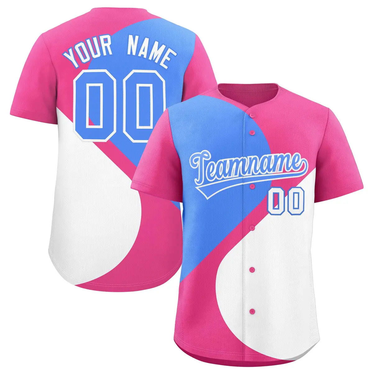Pink Powder Blue-White Half Heart Color Block Baseball Jersey