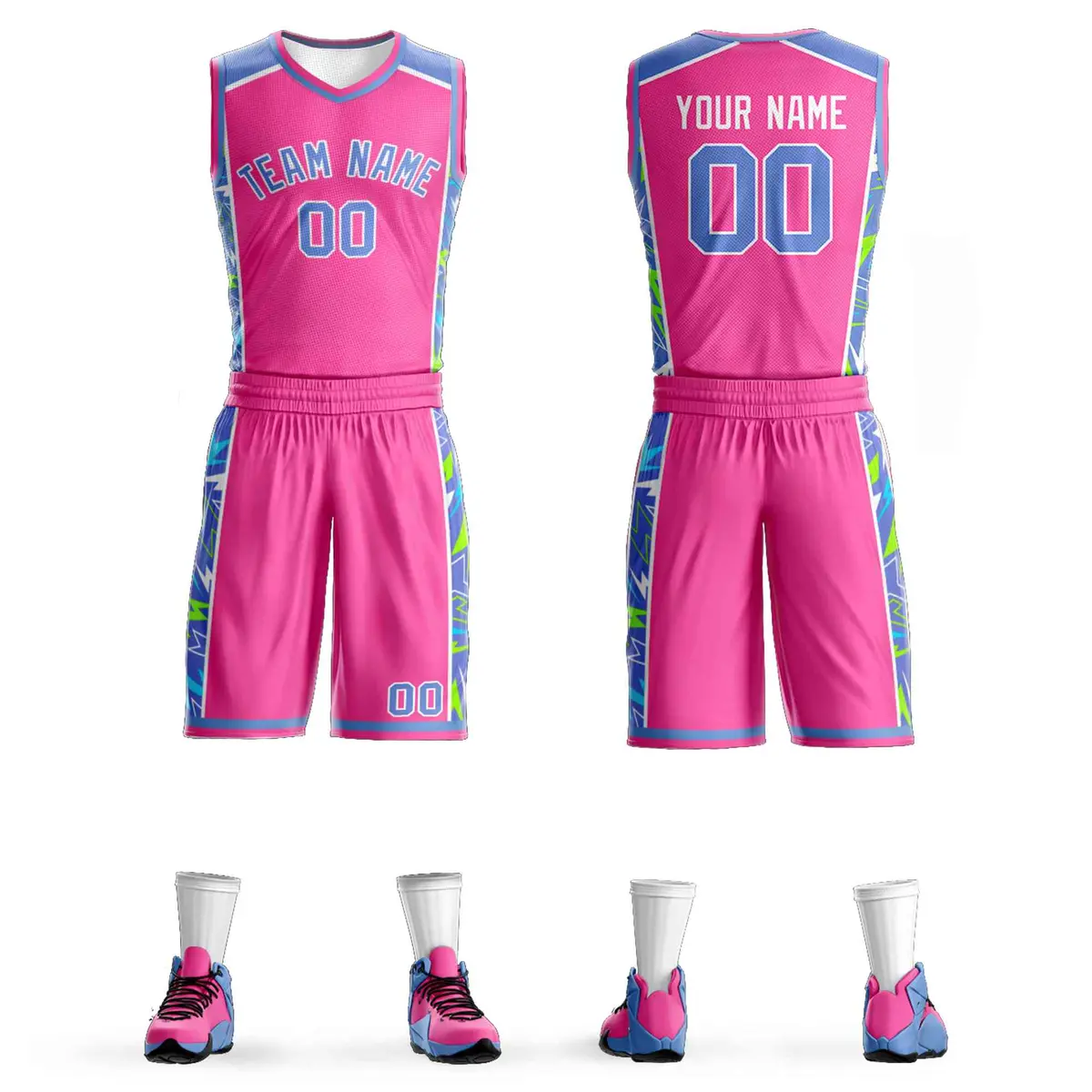 Pink Powder Blue-White Lightning Graffiti Basketball Jersey