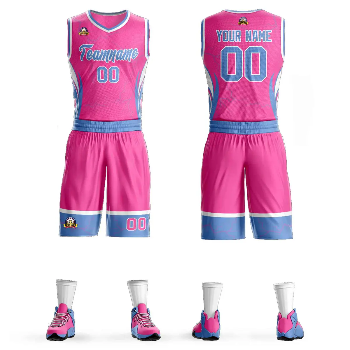Pink Powder Blue-White Lightning Graffiti Basketball Jersey