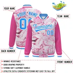 Pink Powder Blue-White Maple Leaf Graffiti Raglan Bomber Varsity Jacket 2