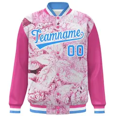 Pink Powder Blue-White Maple Leaf Graffiti Raglan Bomber Varsity Jacket 3