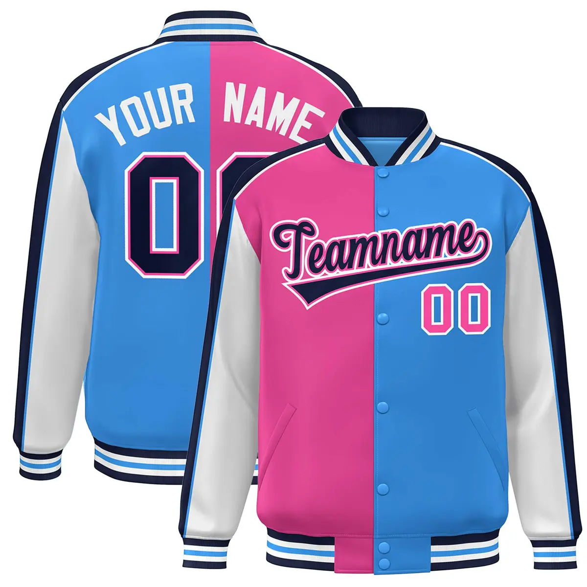 Pink Powder Blue White-Navy Color Block Varsity Bomber Baseball Jacket