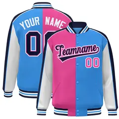 Pink Powder Blue White-Navy Color Block Varsity Bomber Baseball Jacket