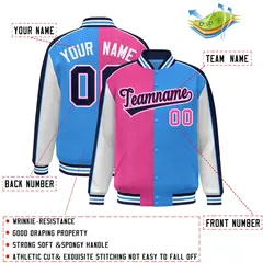 Pink Powder Blue White-Navy Color Block Varsity Bomber Baseball Jacket 2