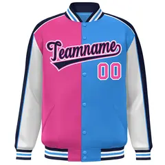 Pink Powder Blue White-Navy Color Block Varsity Bomber Baseball Jacket 3
