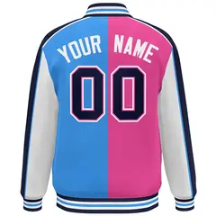 Pink Powder Blue White-Navy Color Block Varsity Bomber Baseball Jacket 4