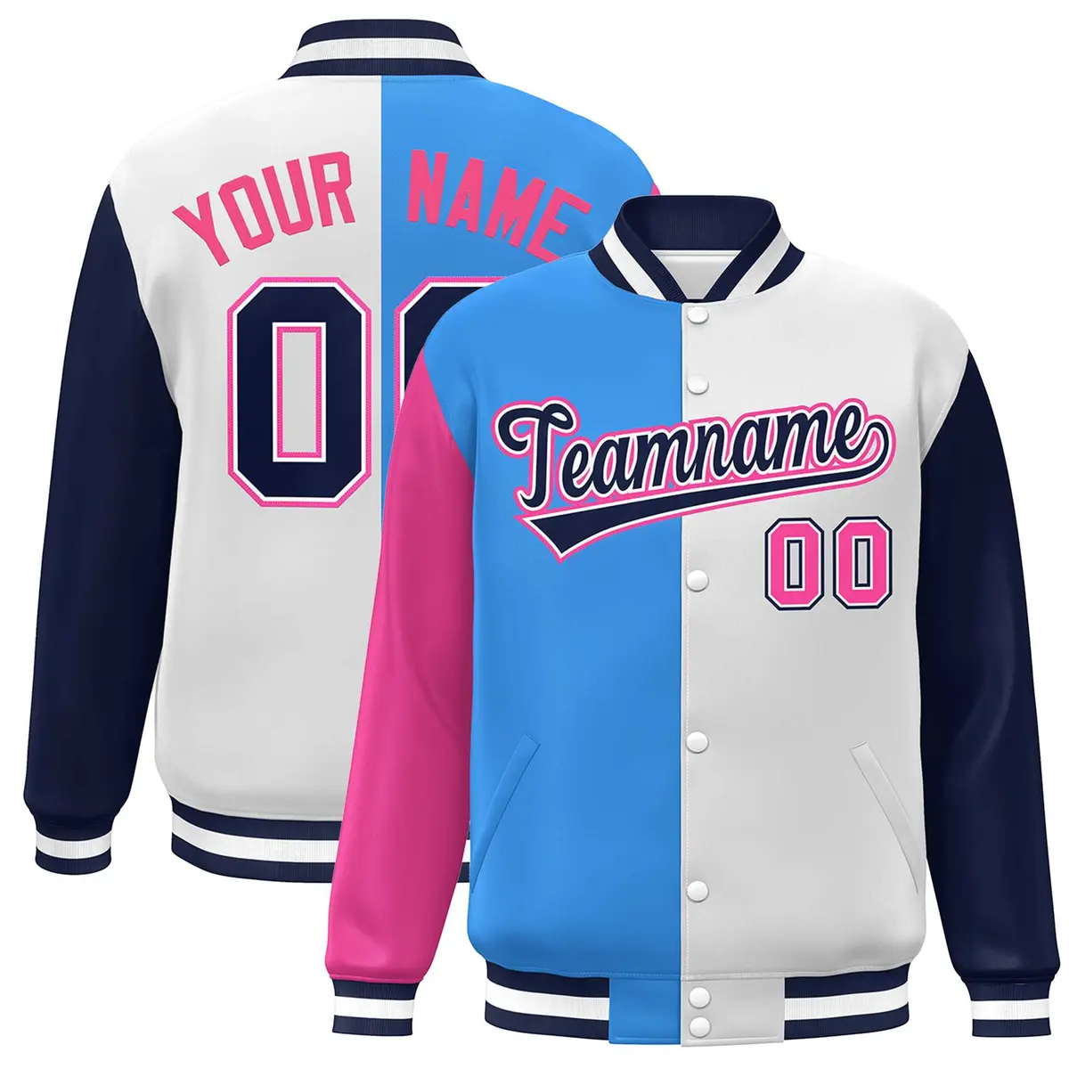 Pink Powder Blue White-Navy Color Block Varsity Bomber Baseball Jacket