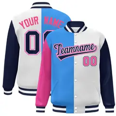 Pink Powder Blue White-Navy Color Block Varsity Bomber Baseball Jacket