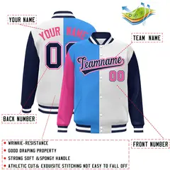 Pink Powder Blue White-Navy Color Block Varsity Bomber Baseball Jacket 2