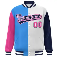 Pink Powder Blue White-Navy Color Block Varsity Bomber Baseball Jacket 3