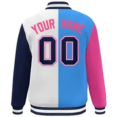 Pink Powder Blue White-Navy Color Block Varsity Bomber Baseball Jacket 4