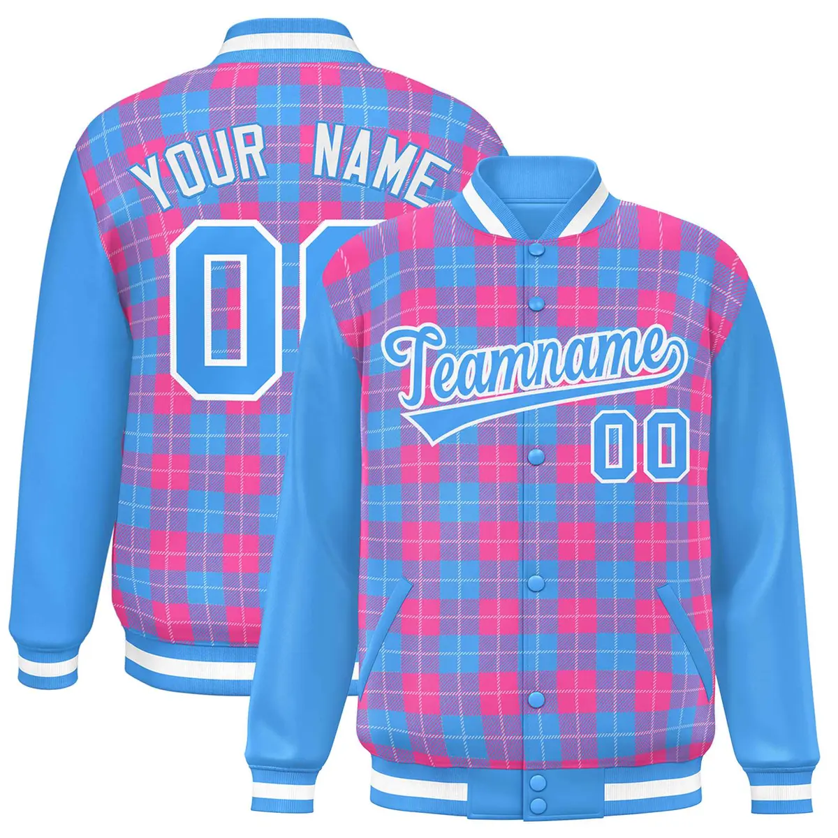 Pink Powder Blue-White Plaid Varsity Letterman Baseball Jacket