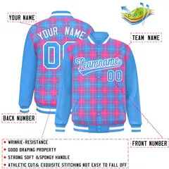 Pink Powder Blue-White Plaid Varsity Letterman Baseball Jacket 2