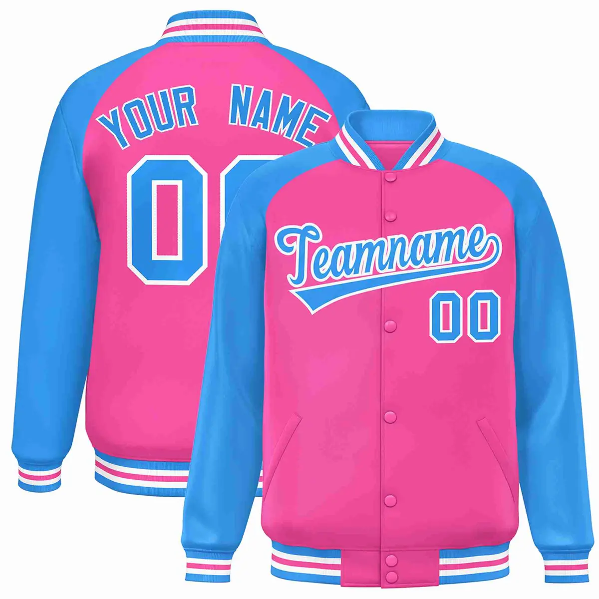 Pink Powder Blue-White Raglan Varsity Letterman Full-Snap Jacket