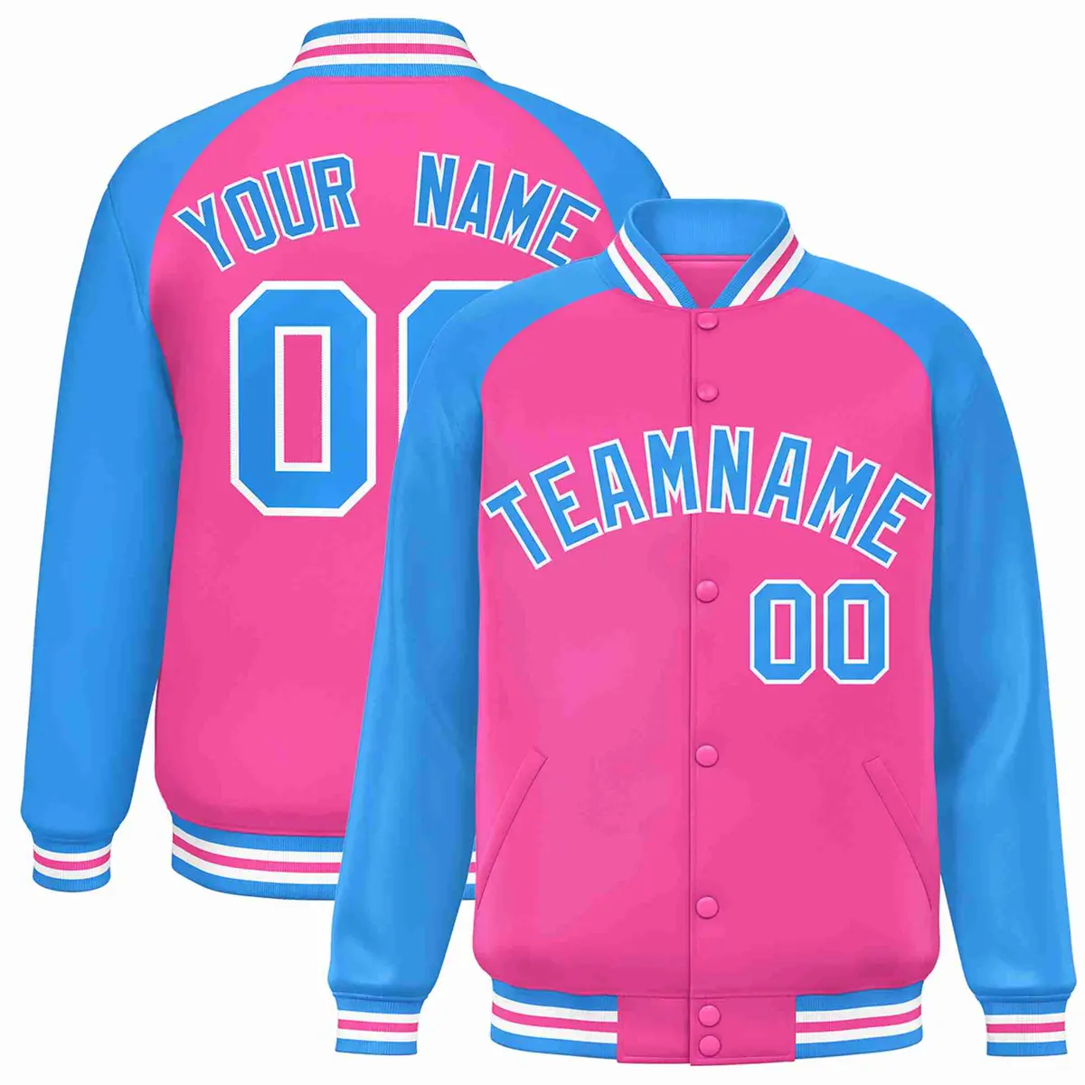 Pink Powder Blue-White Raglan Varsity Letterman Full-Snap Jacket