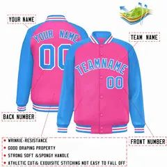 Pink Powder Blue-White Raglan Varsity Letterman Full-Snap Jacket 2