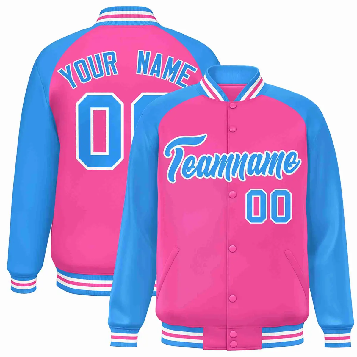 Pink Powder Blue-White Raglan Varsity Letterman Full-Snap Jacket