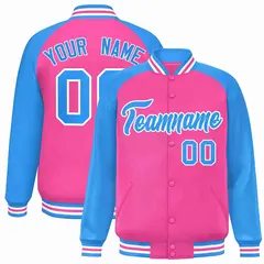 Pink Powder Blue-White Raglan Varsity Letterman Full-Snap Jacket 1