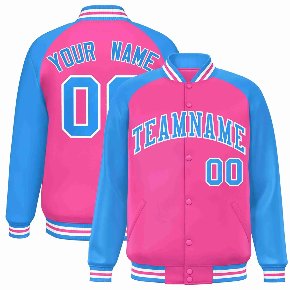 Pink Powder Blue-White Raglan Varsity Letterman Full-Snap Jacket