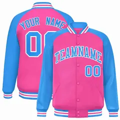 Pink Powder Blue-White Raglan Varsity Letterman Full-Snap Jacket 1
