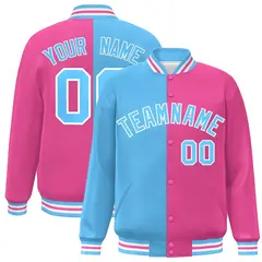 Pink Powder Blue-White Split Full-Snap Letterman Jacket