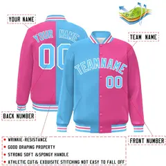 Pink Powder Blue-White Split Full-Snap Letterman Jacket 2