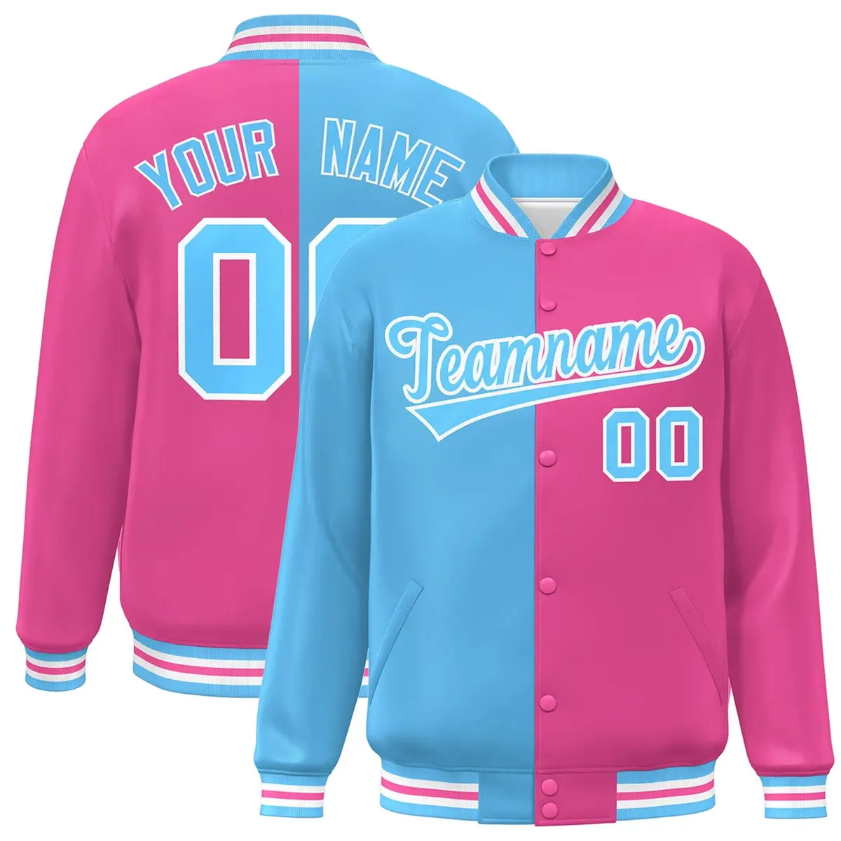 Pink Powder Blue-White Split Full-Snap Letterman Jacket