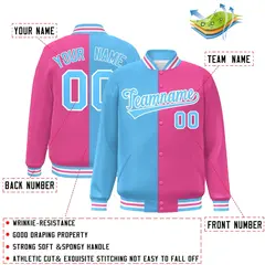 Pink Powder Blue-White Split Full-Snap Letterman Jacket 2