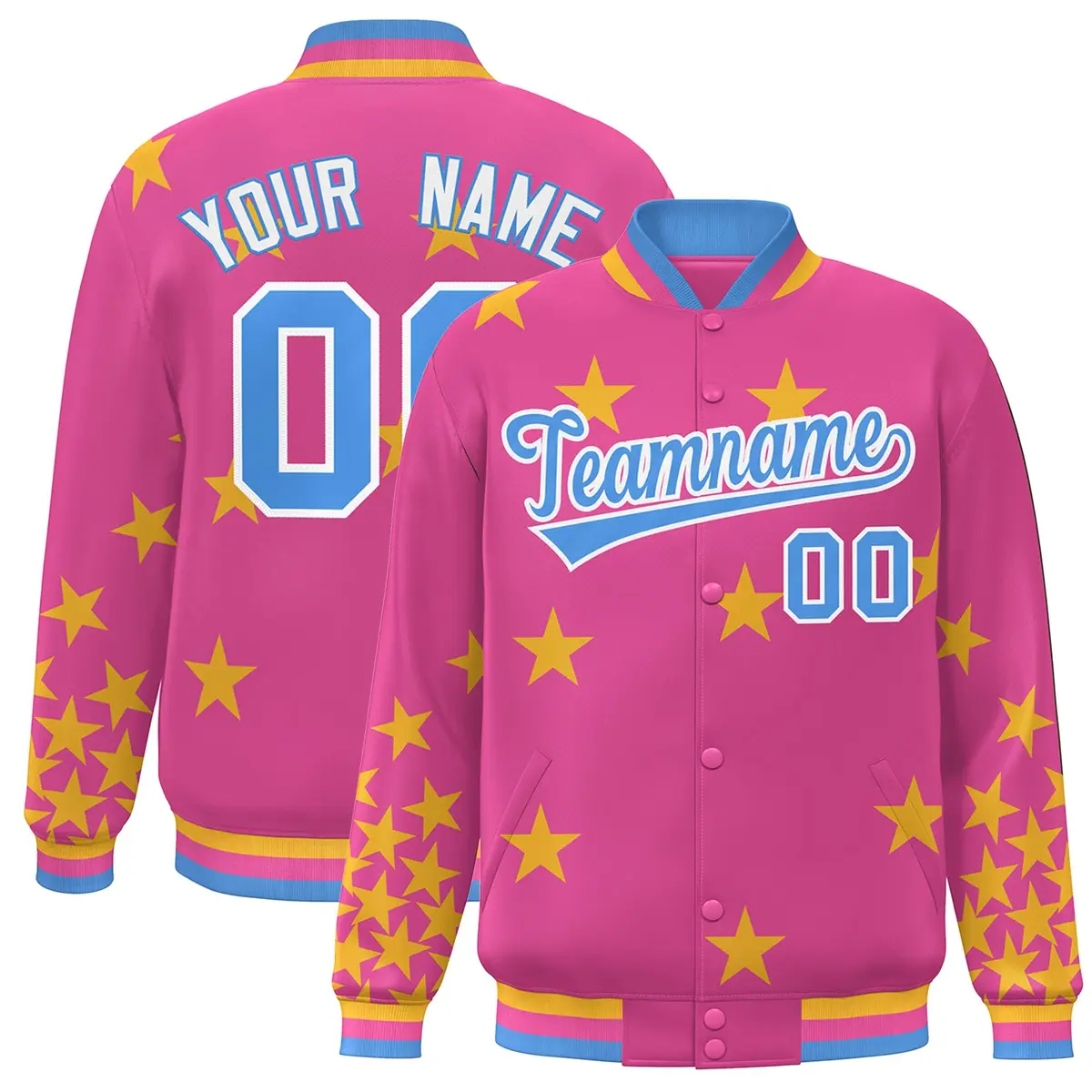 Pink Powder Blue-White Star Graffiti Varsity Full-Snap Bomber Jacket